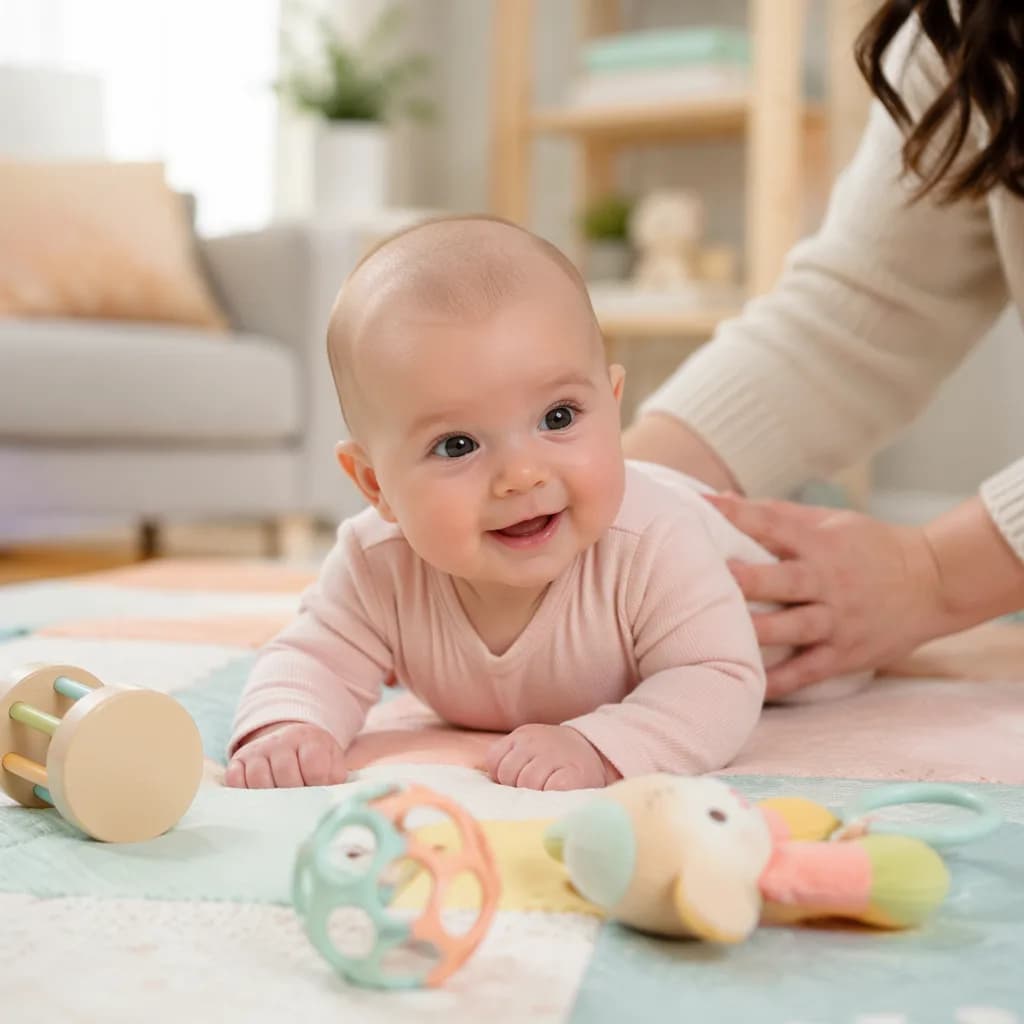 Smiling 3-month-old baby practicing tummy time on a cozy pastel play mat.