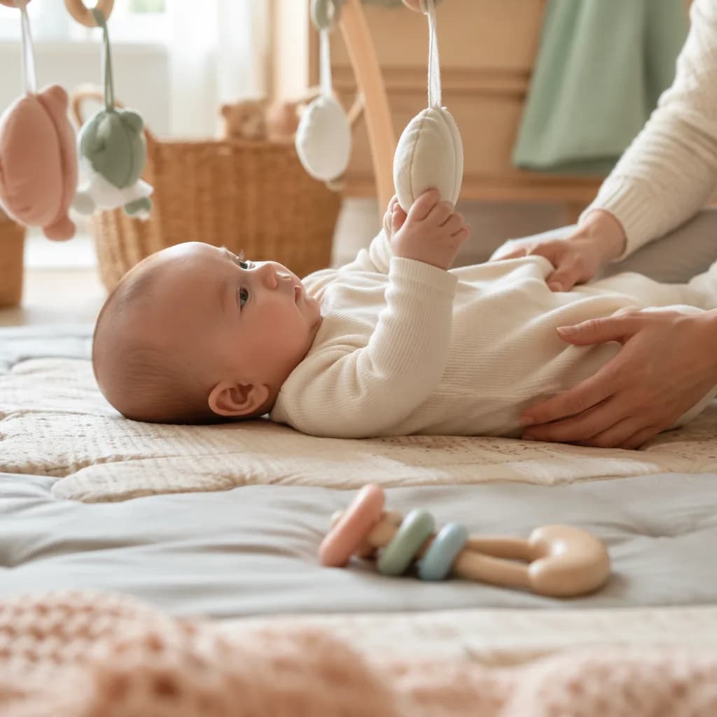 Three-month-old baby on a soft play mat reaching for toys in a cozy nursery.