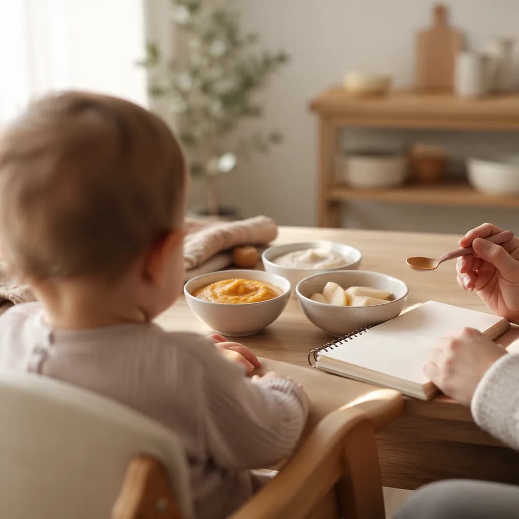 Parent tracking baby feeding with first solid foods in a cozy kitchen