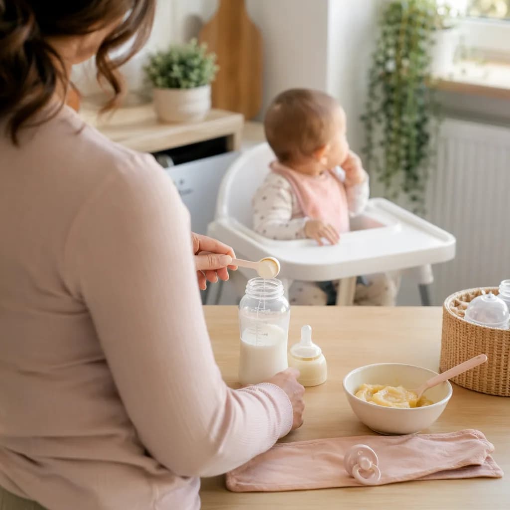 Parent preparing baby food and a bottle for an infant in a cozy softly lit home.