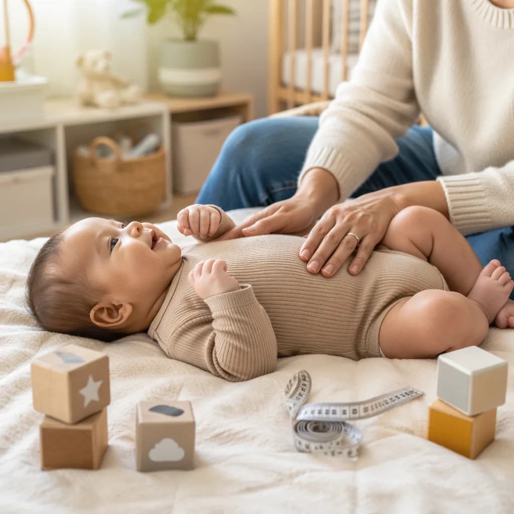 Baby on a soft blanket with milestone items in a cozy nursery.