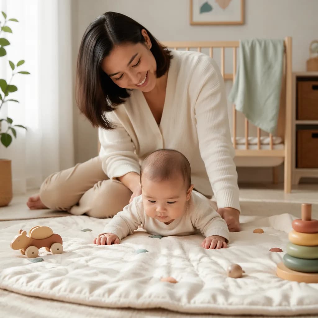 Parent calmly observing baby during tummy time in a cozy pastel nursery.