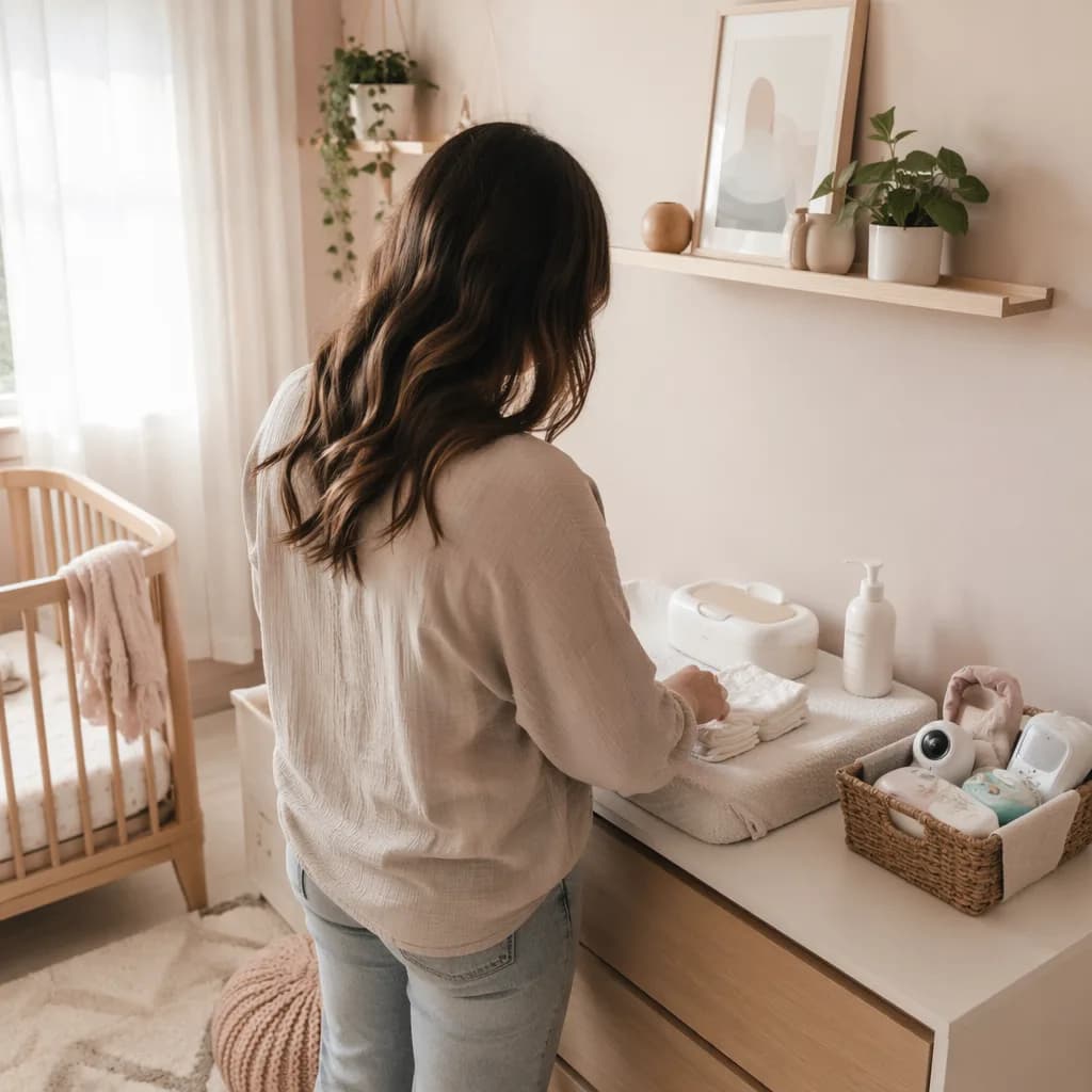 Parent organizing essential baby items in a soft, cozy nursery
