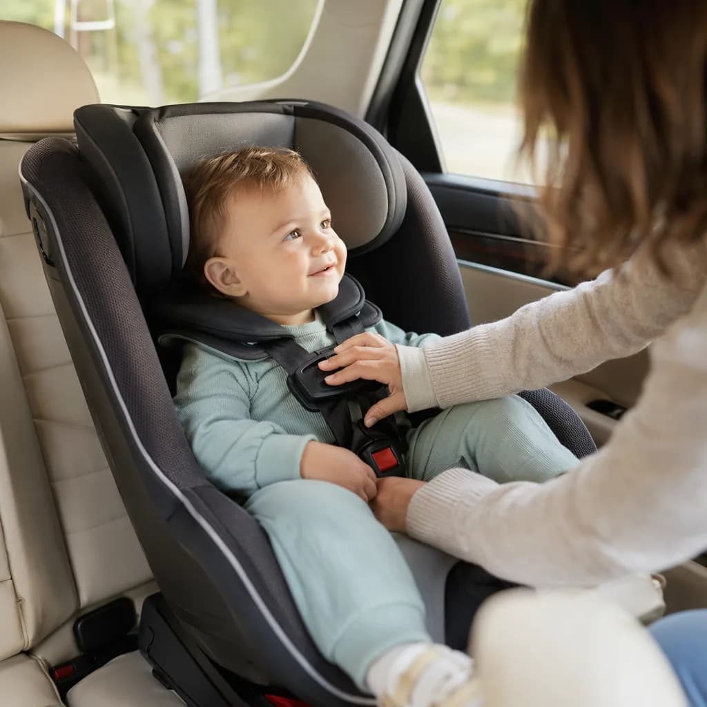 Parent checking a toddler safely buckled into a convertible car seat in a softly lit car interior.