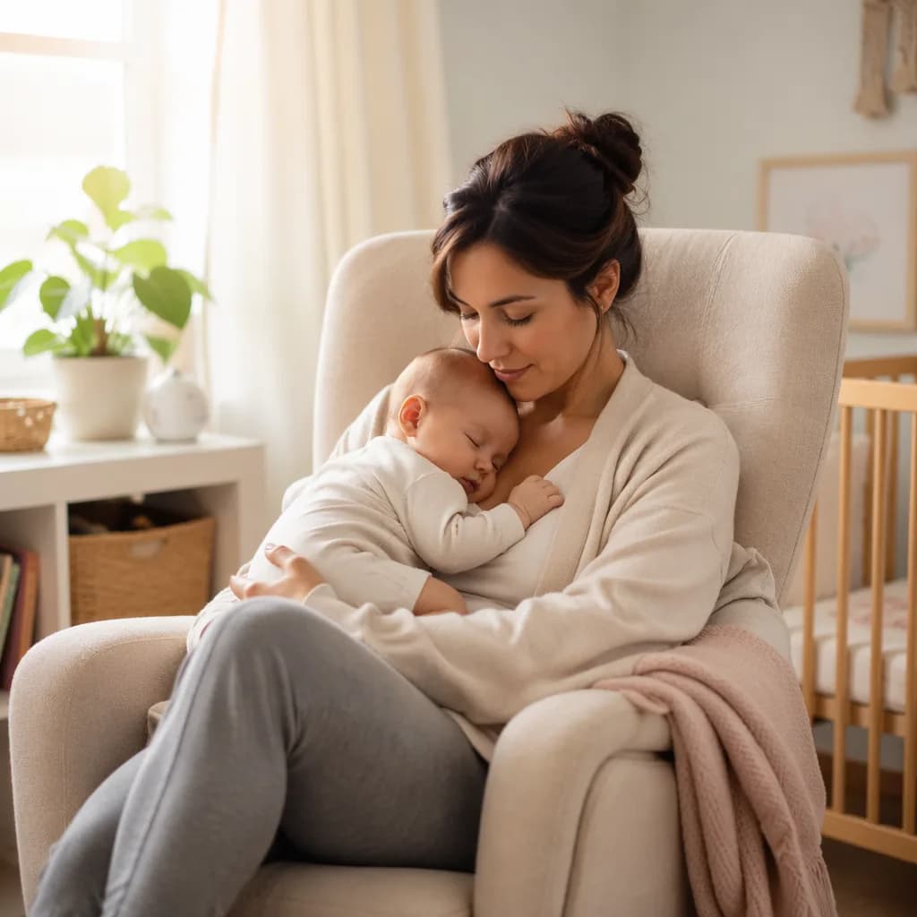 Caregiver safely holding a sleeping newborn during a cozy contact nap.