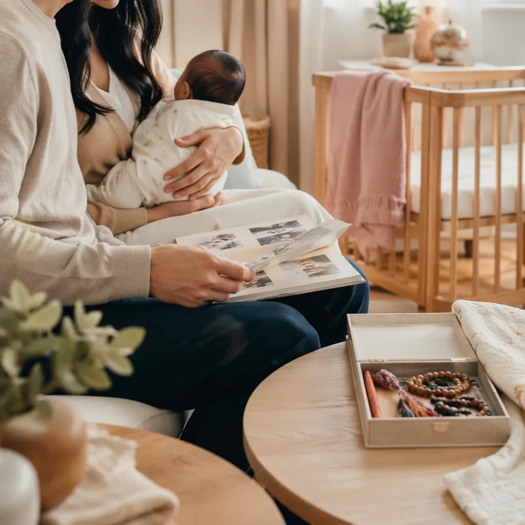 Parents and baby in a cozy nursery looking at family keepsakes.