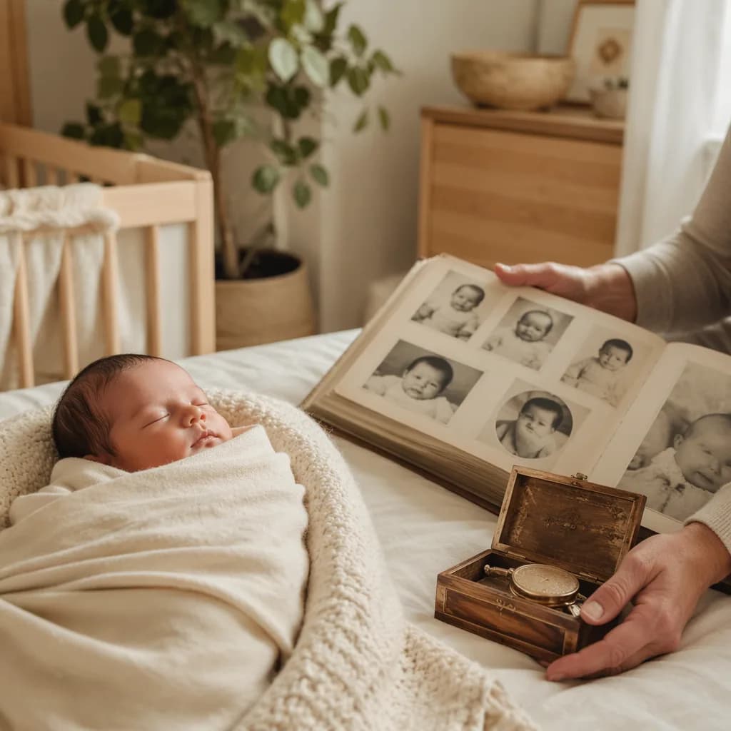 Newborn in a cozy nursery beside family heirlooms and a photo album.