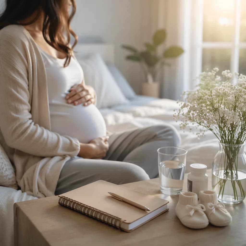Pregnant person beside a calm first trimester planning setup