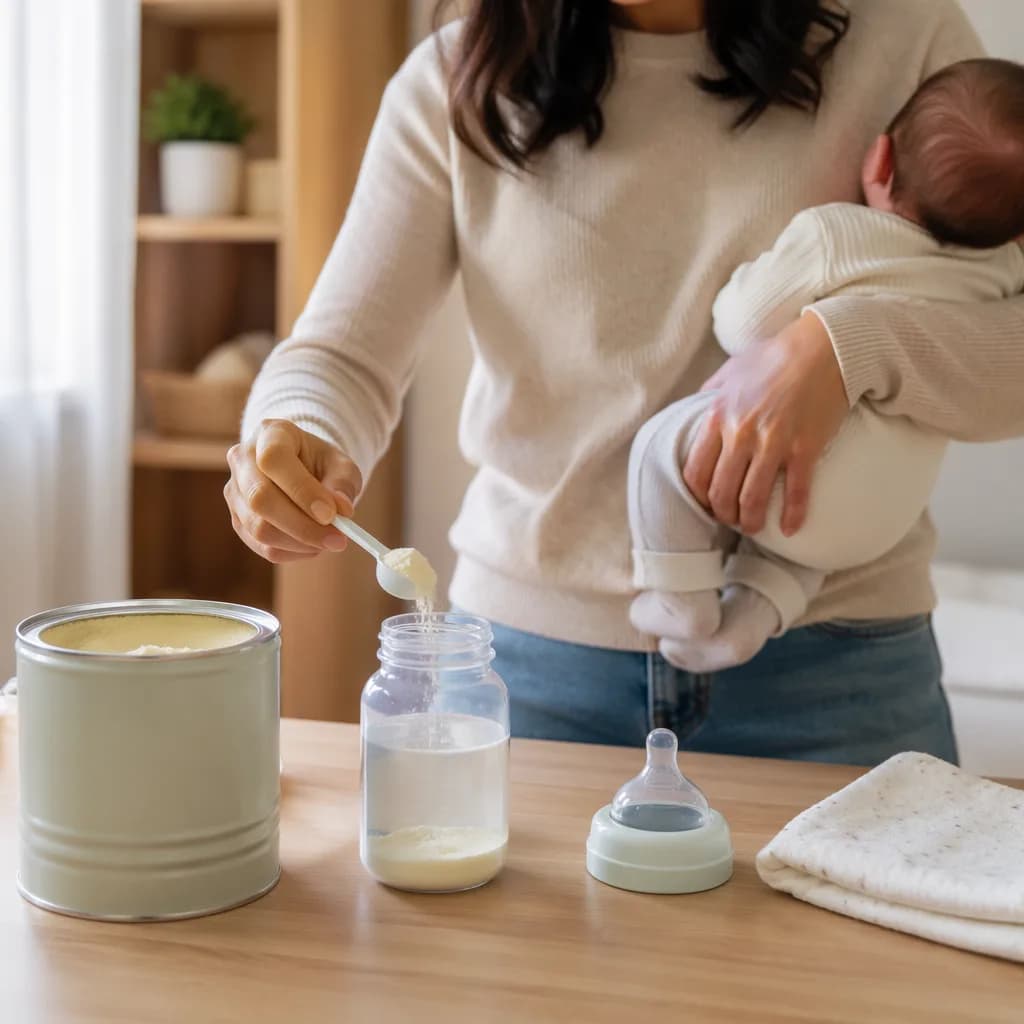 Caregiver preparing a baby bottle with formula in a warm, cozy nursery setting.
