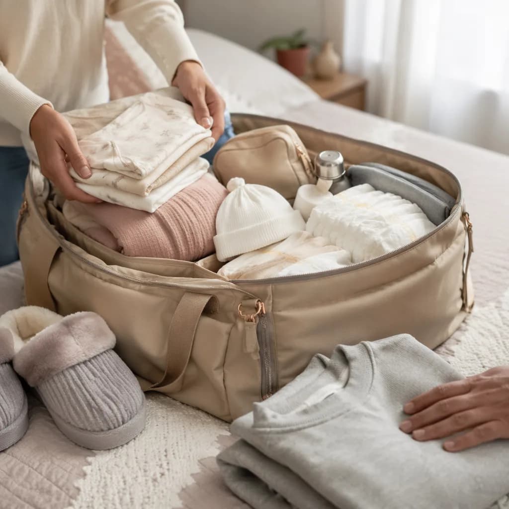 Packed hospital bag with baby clothes and essentials on a cozy bed.