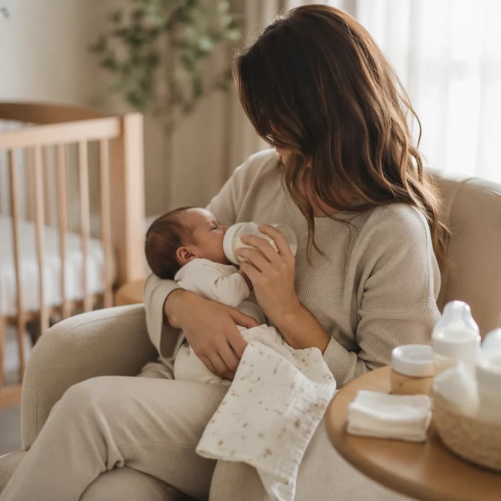 Parent gently bottle-feeding a newborn in a cozy softly lit nursery