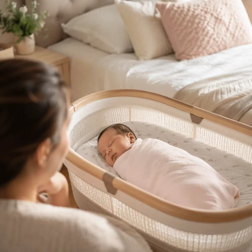 Newborn sleeping peacefully in a cozy bassinet with a parent nearby.