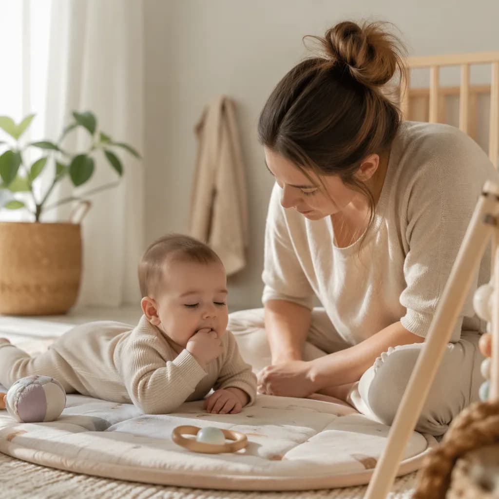 Parent gently observing a calm baby’s early cues in a cozy nursery.