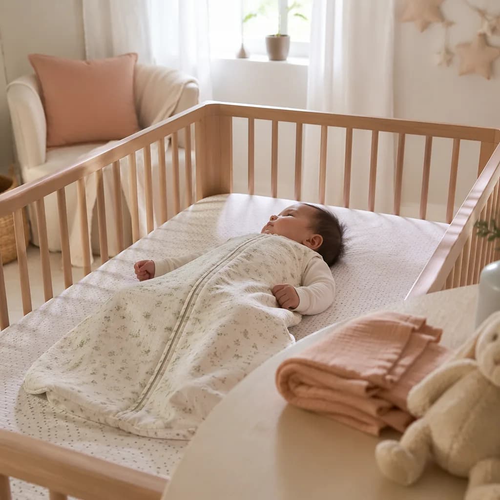 Baby sleeping safely on their back in a sleep sack in a cozy pastel nursery.