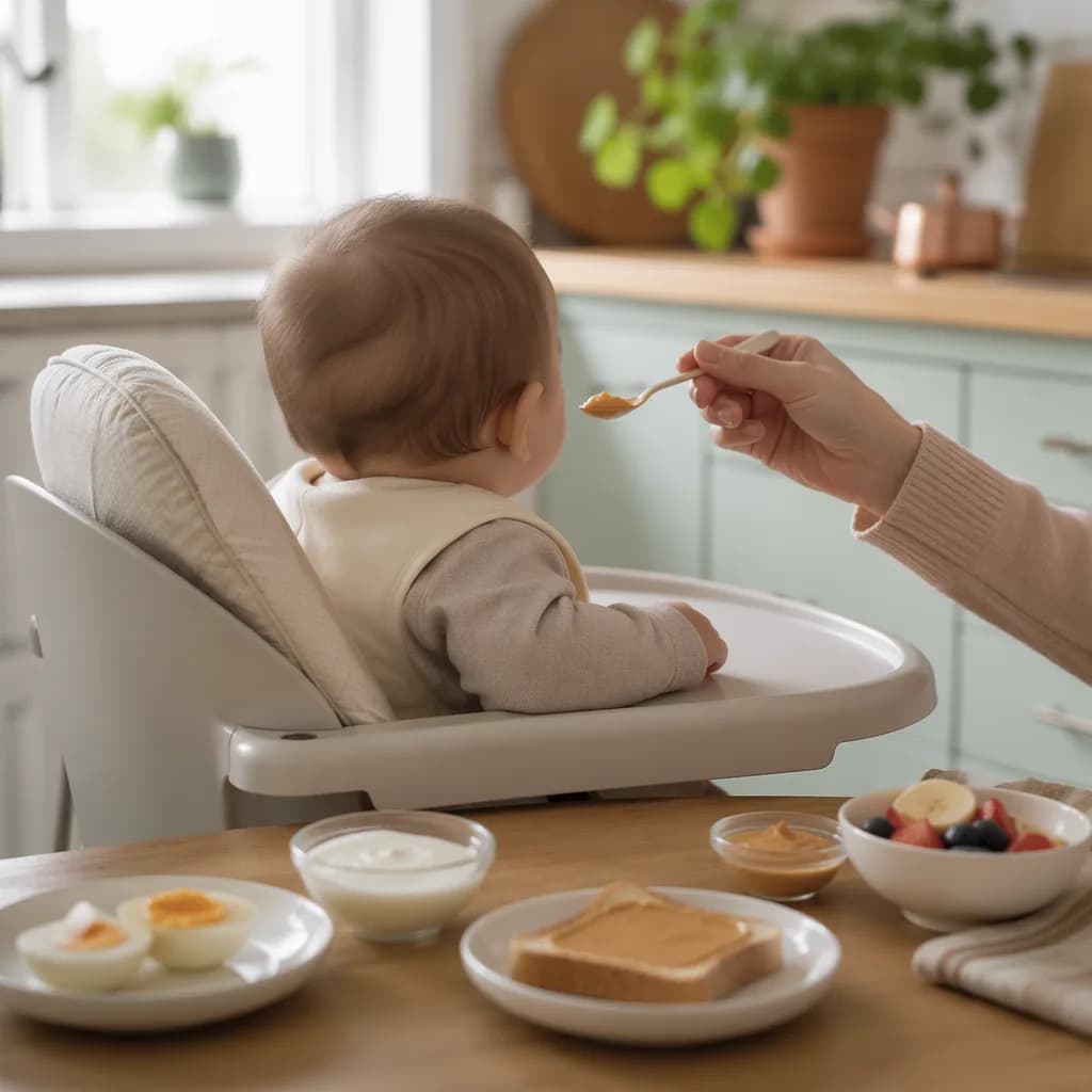 Parent calmly offering baby a spoonful of food in a cozy kitchen with allergen foods nearby.