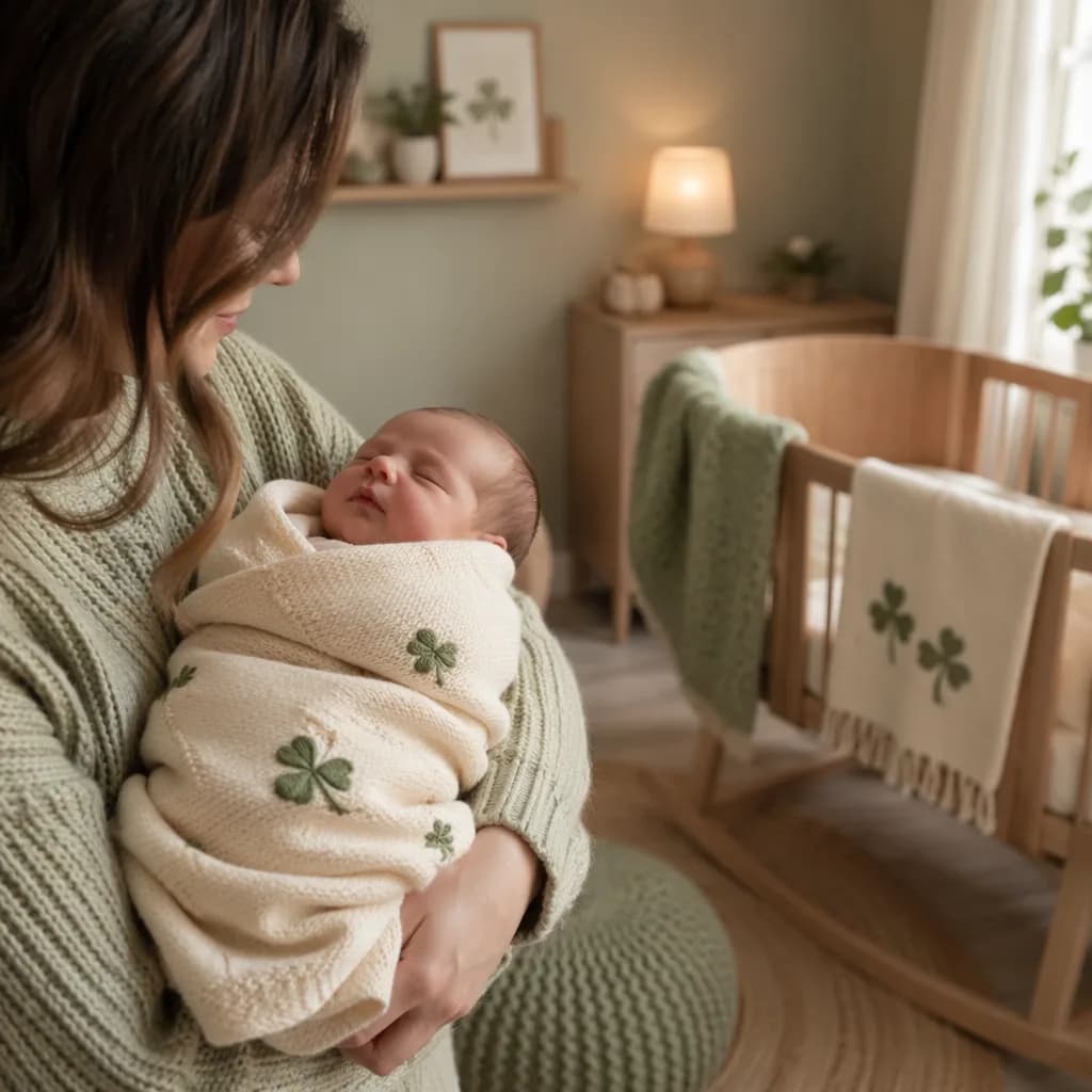 Parent holding a newborn in a cozy nursery with subtle Irish-inspired decor