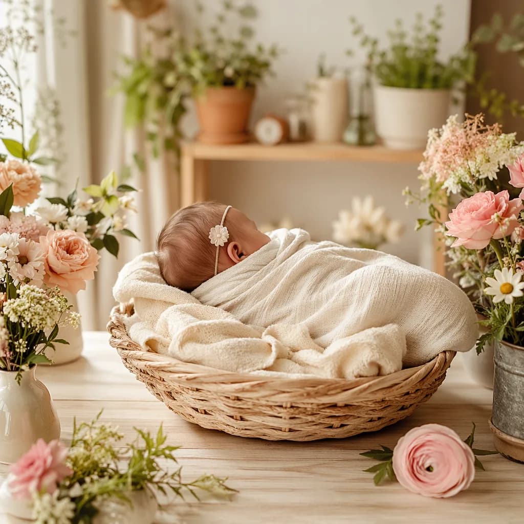 Sleeping newborn in a cozy nursery with soft pastel flowers and greenery.