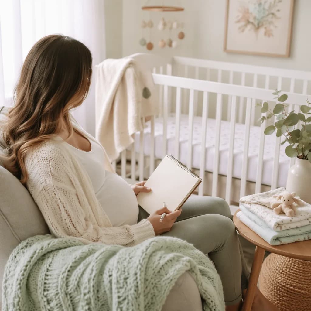 Expectant parent in a peaceful pastel nursery with a blank notebook and baby blankets.