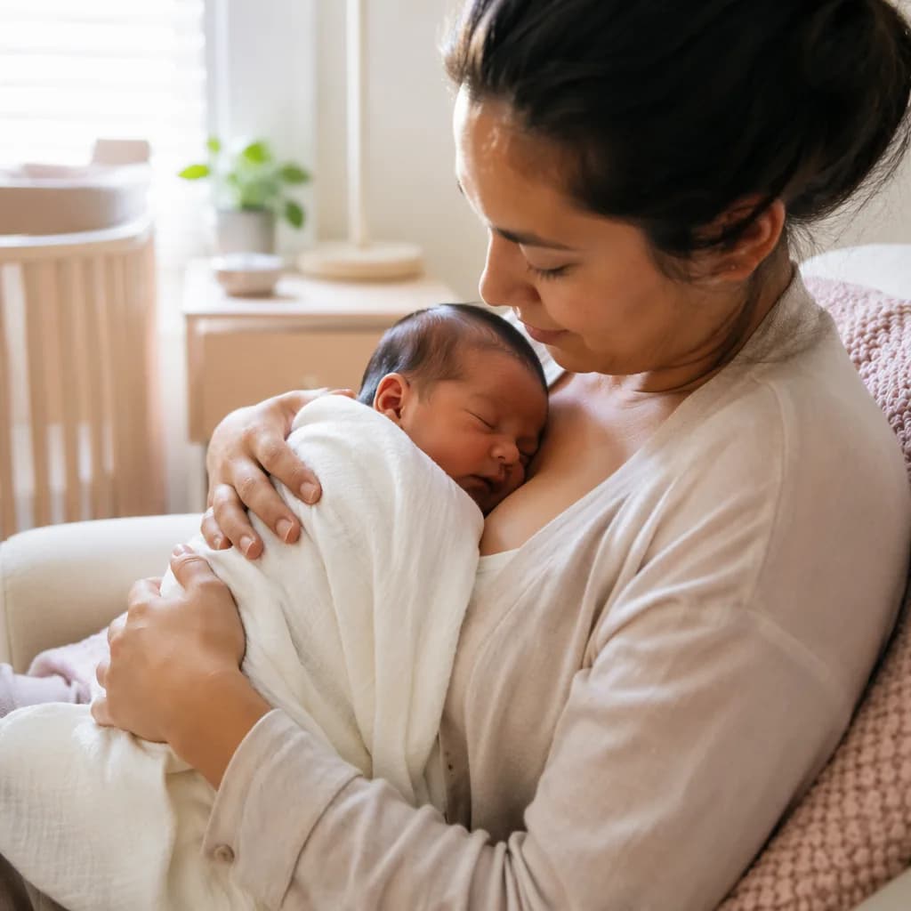 Parent gently cradling a newborn in a softly lit cozy nursery