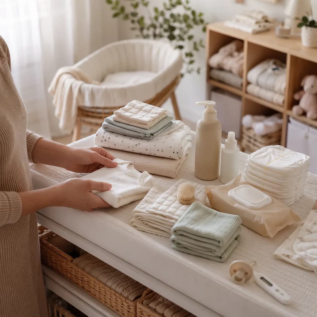 Newborn essentials neatly arranged in a cozy pastel nursery.
