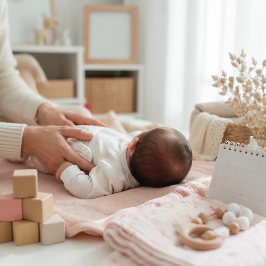 Newborn resting on a soft blanket in a cozy nursery with gentle parent hands nearby.