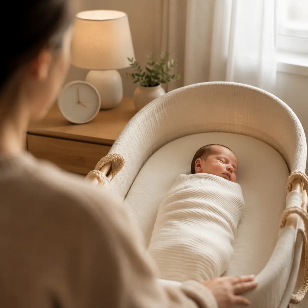 Newborn sleeping peacefully in a cozy nursery with a parent nearby.