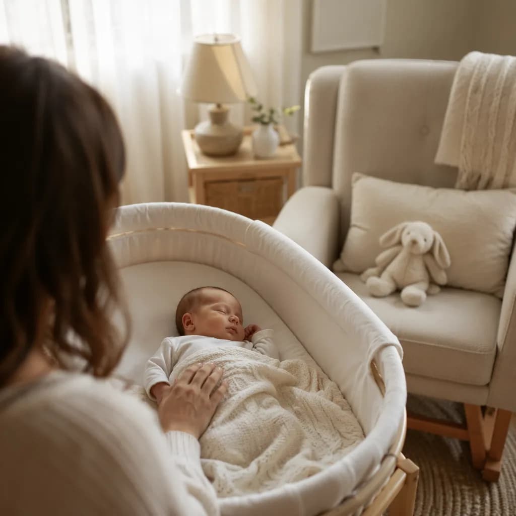 Newborn sleeping peacefully in a cozy nursery with a parent nearby.