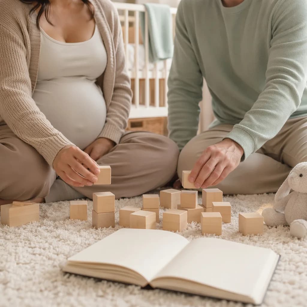 Expecting parents arranging blank blocks in a cozy nursery while choosing a baby name.