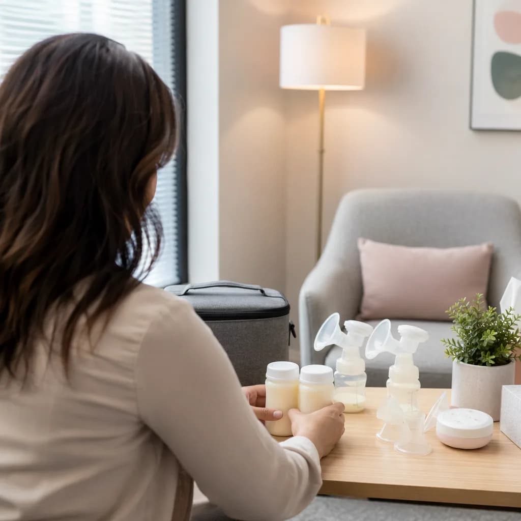 A parent organizes pumping supplies in a calm office lactation room.