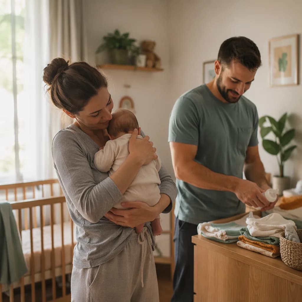 New parents sharing baby care tasks together in a cozy nursery