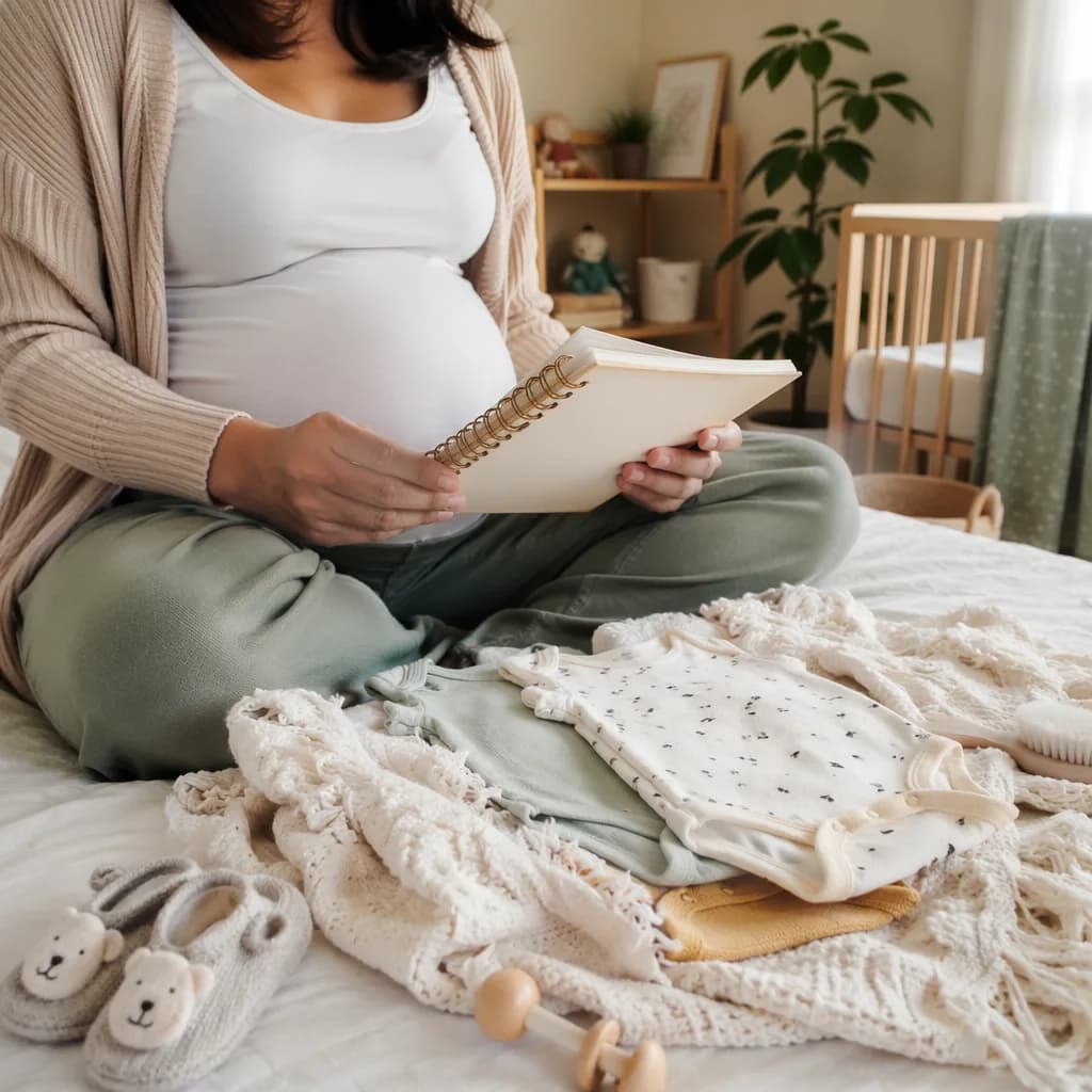 Pregnant person organizing baby items and a planner in a cozy nursery.