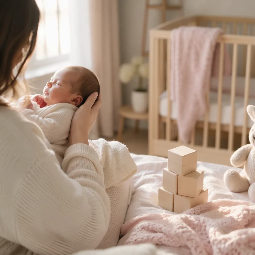 A cozy pastel nursery with a parent gently holding a newborn beside blank wooden blocks.