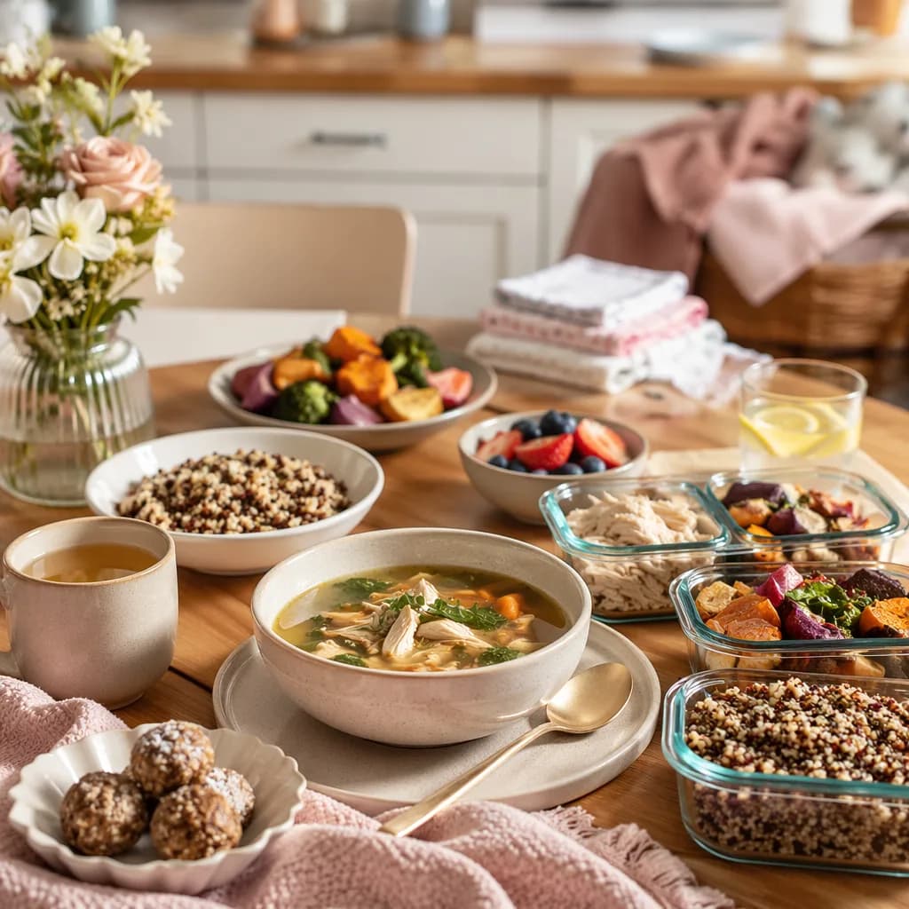 Nourishing postpartum meal prep on a cozy kitchen table with soft baby items nearby.