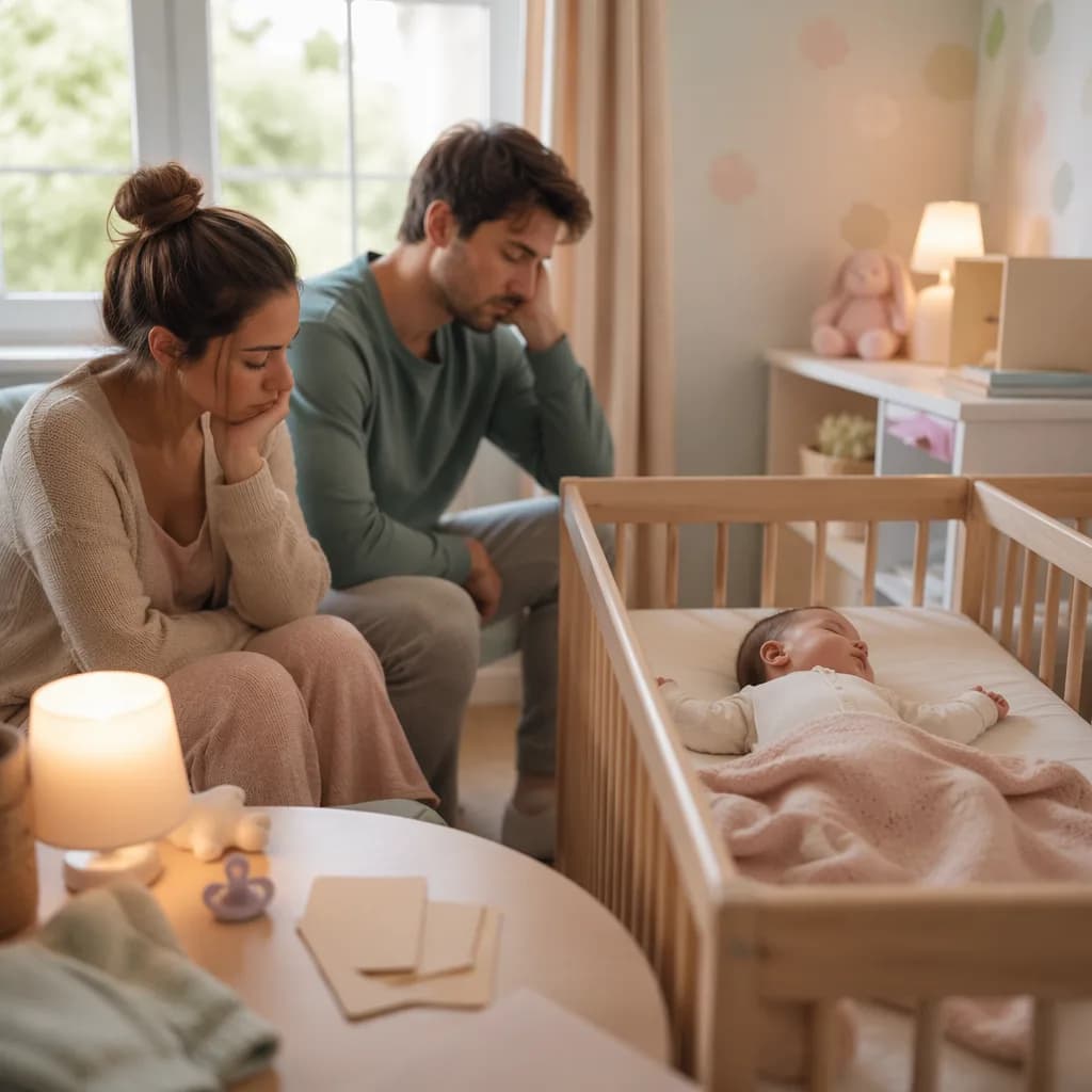 Tired parents sit beside a sleeping baby in a softly lit nursery.