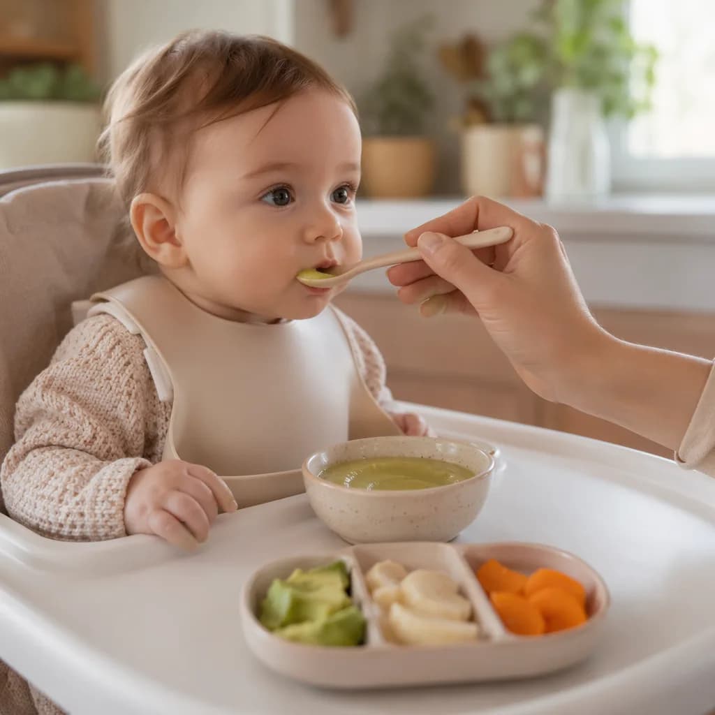 Baby in a high chair being offered first foods in a cozy kitchen.