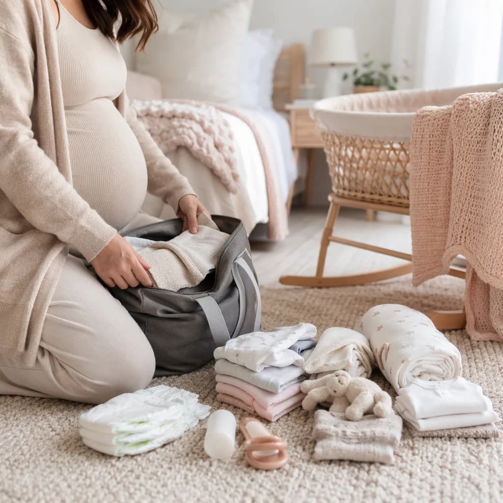 Pregnant person packing a hospital bag with newborn essentials in a cozy nursery.