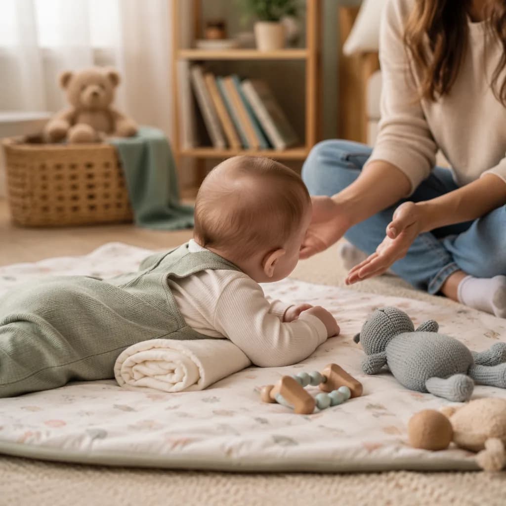 Baby practicing tummy time on a soft play mat with a parent nearby.