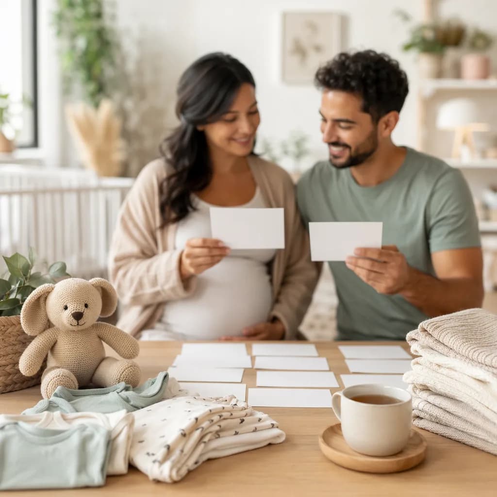 Expectant parents reviewing blank baby name cards in a cozy pastel nursery