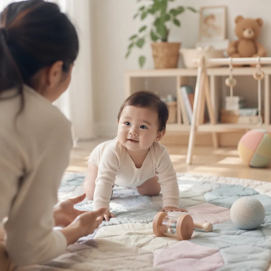 Baby practicing crawling on a soft play mat with a supportive parent nearby