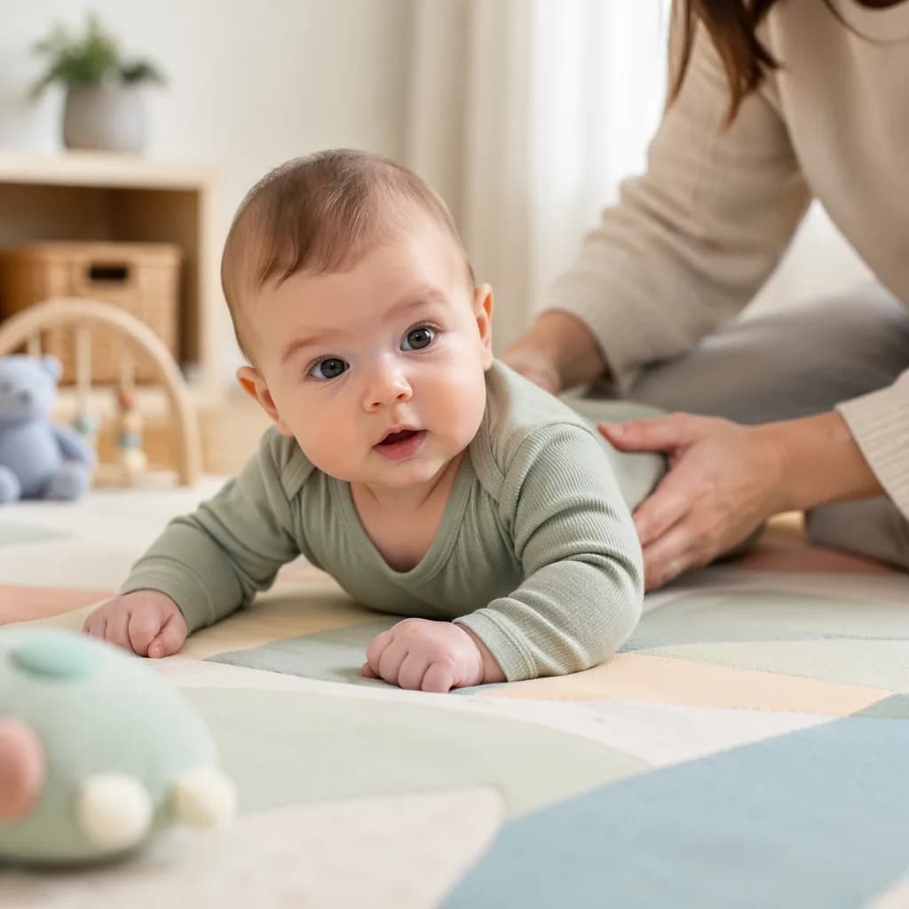 Baby practicing tummy time on a soft play mat with a parent nearby.