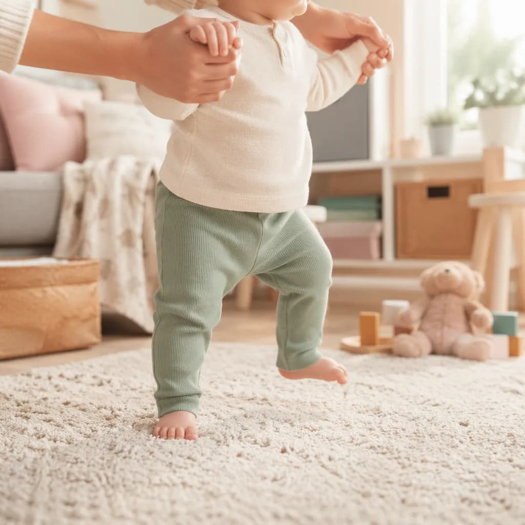 Baby taking supported first steps in a cozy, softly lit home.