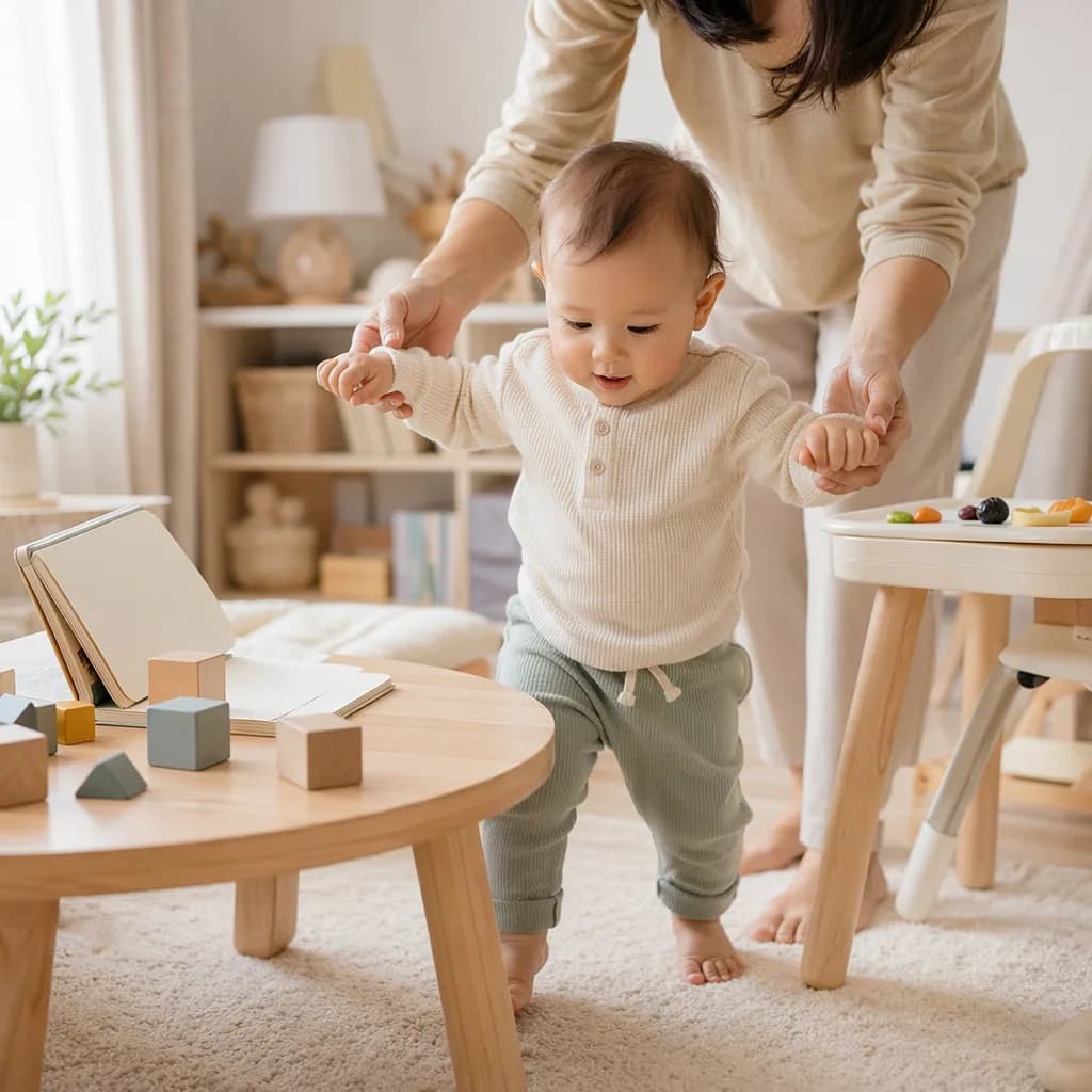 One-year-old baby practicing first steps in a cozy nursery with toys and finger foods nearby.