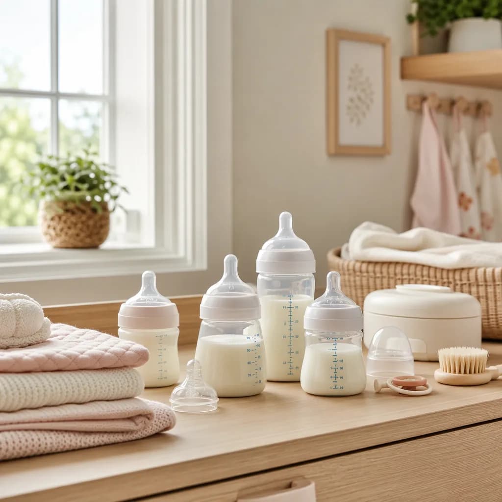 Different baby bottle sizes and nipples arranged in a cozy pastel nursery.