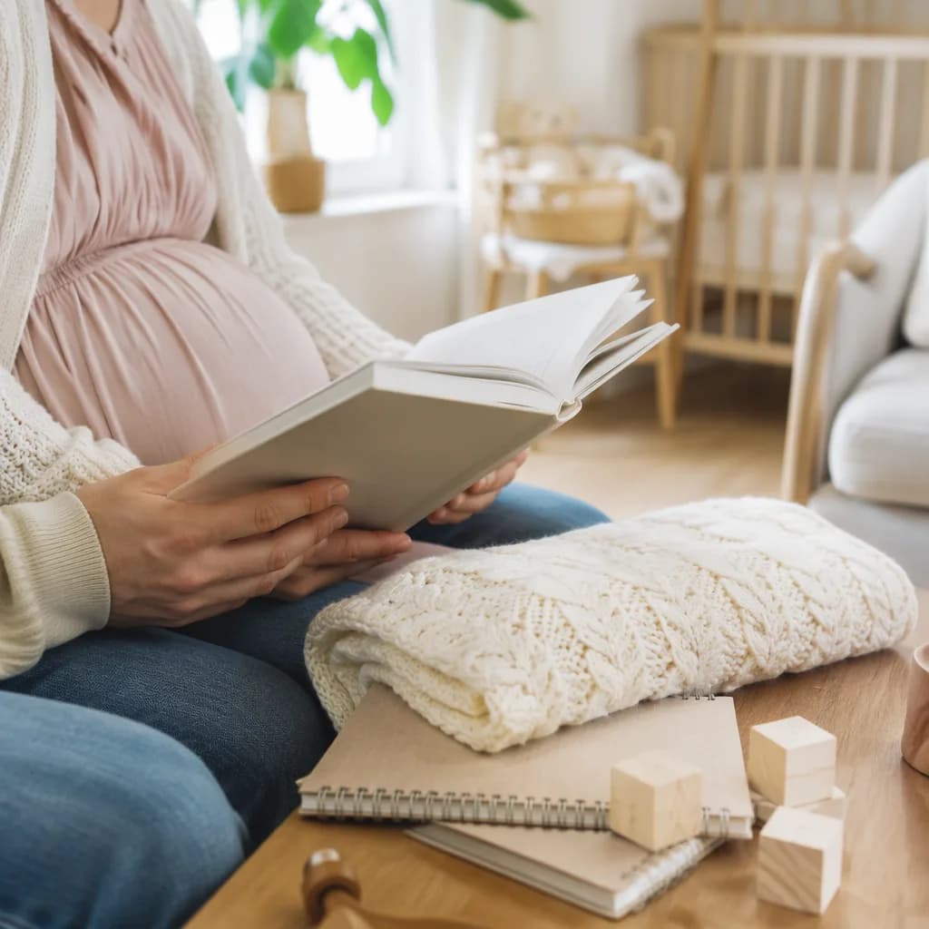 Expectant parents look through baby name ideas in a cozy nursery.