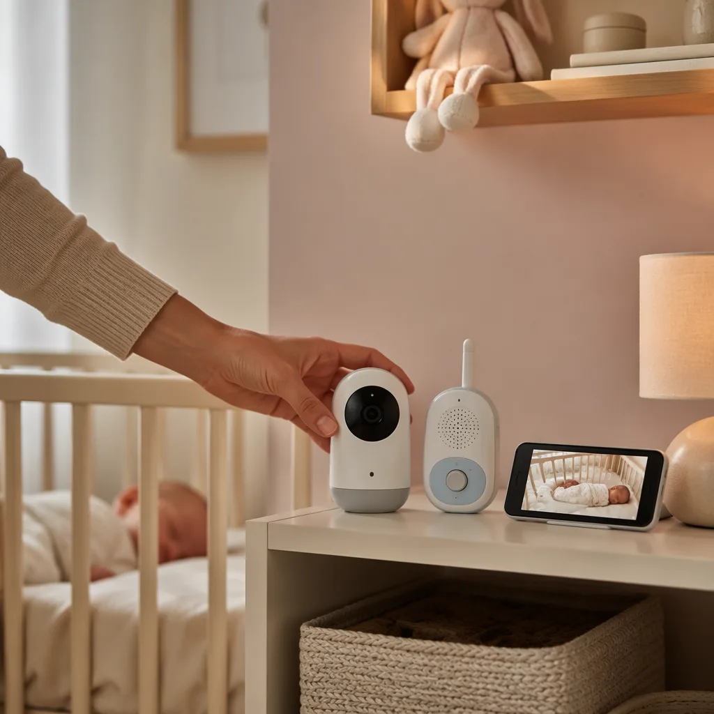 Cozy nursery with a baby monitor beside a crib in soft natural light