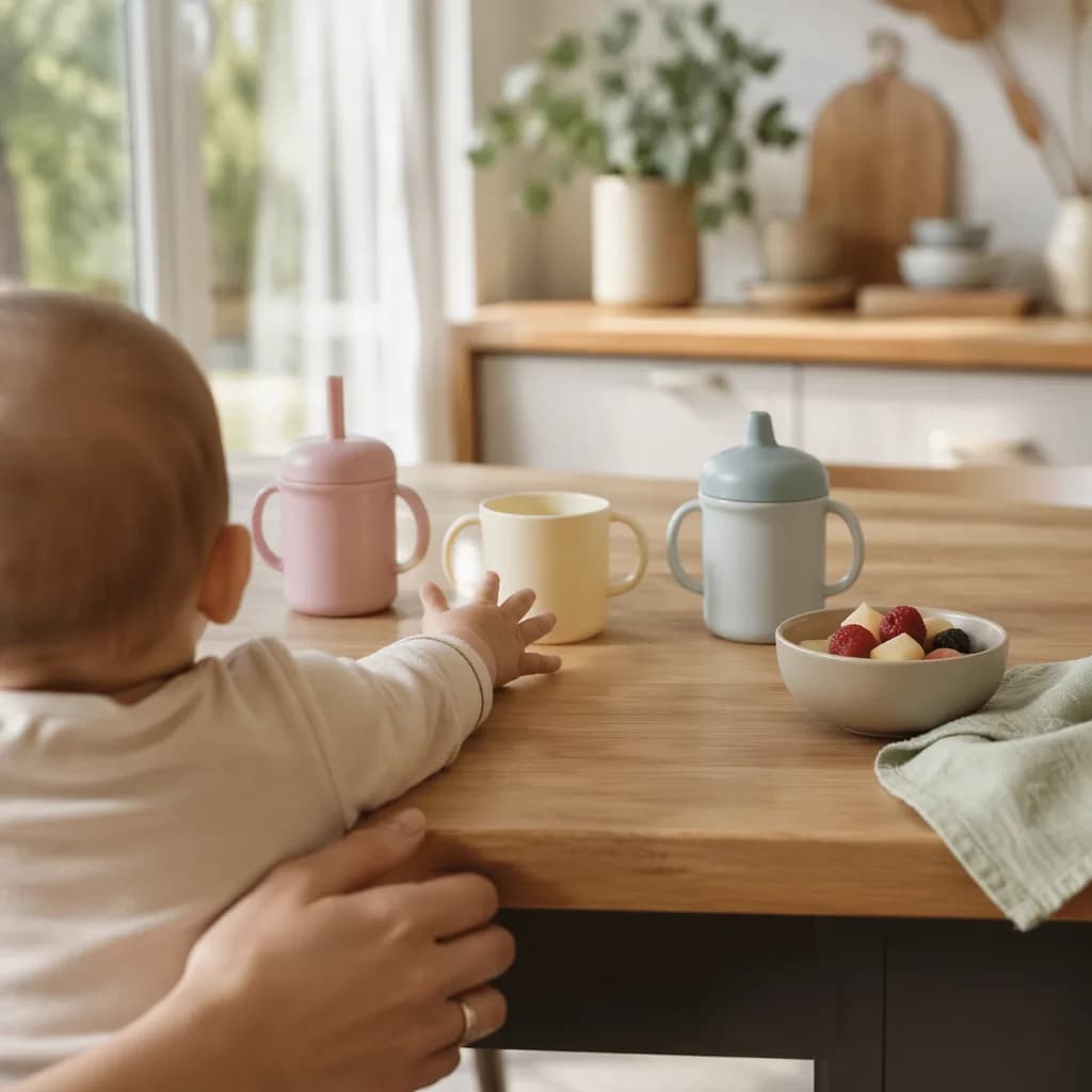 Baby cups including straw, open, and sippy styles on a cozy kitchen table.
