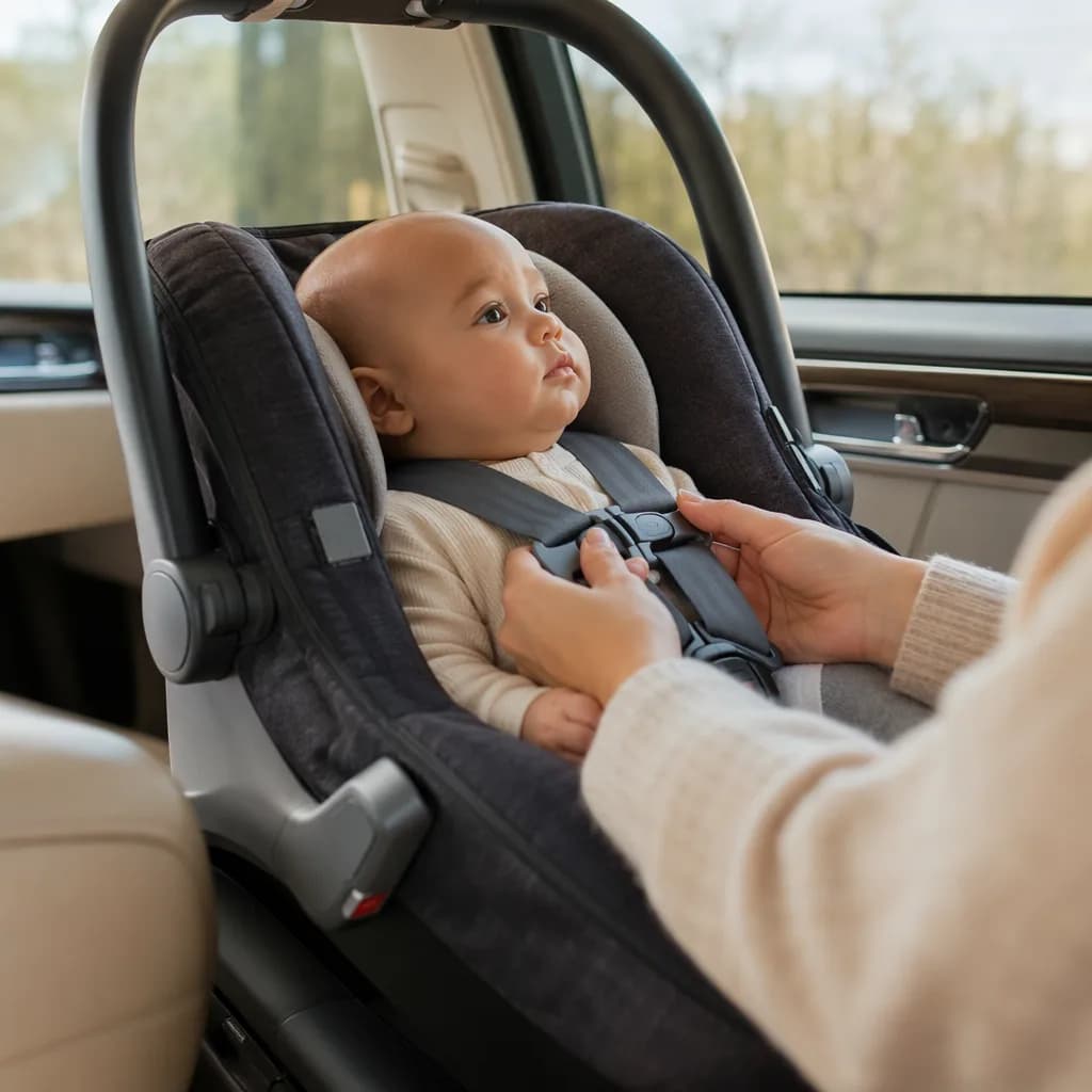 Caregiver adjusting a baby’s car seat harness and chest clip in a parked car.