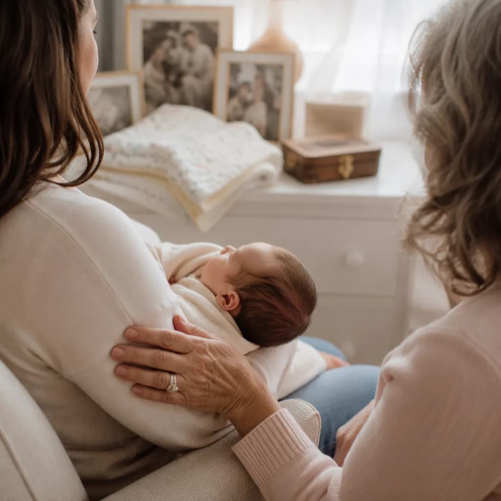 Baby held in a cozy nursery with a grandparent nearby and soft family keepsakes.
