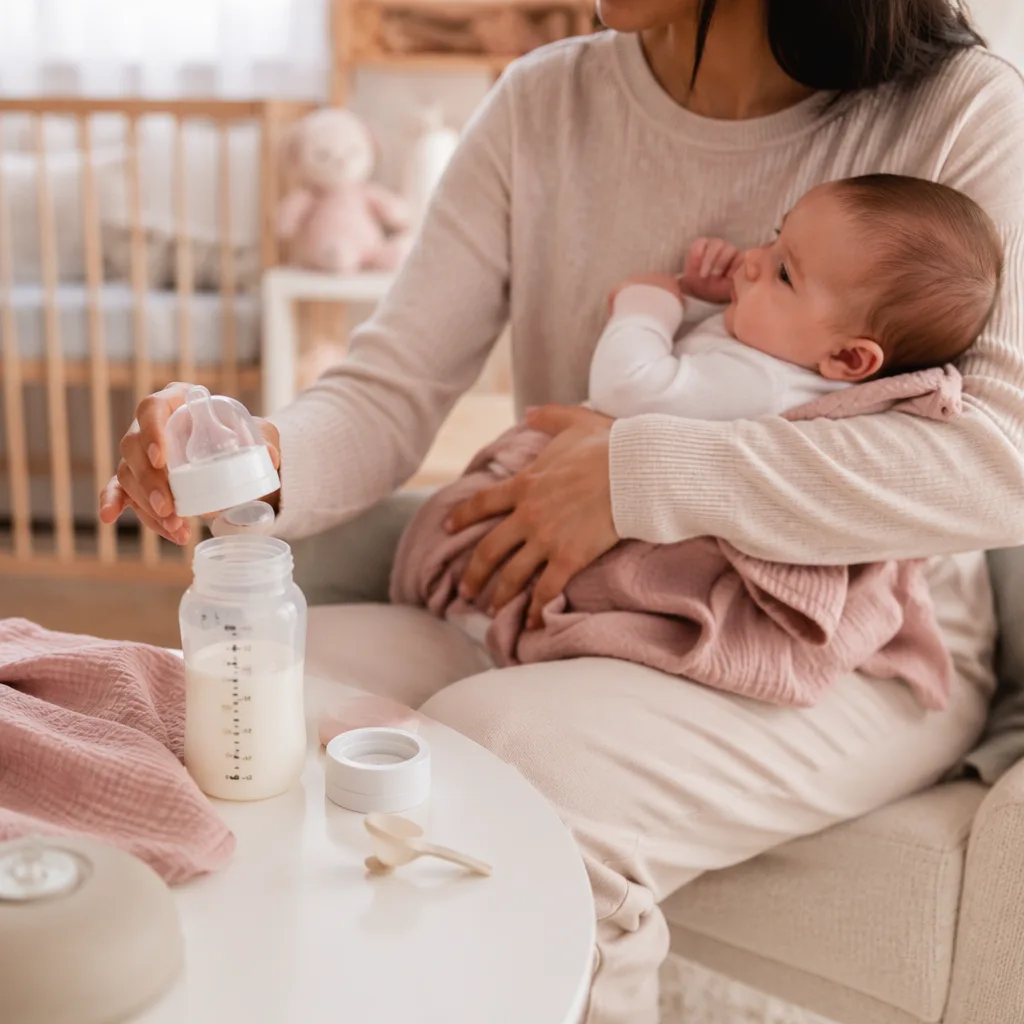 Parent preparing a baby bottle while holding an infant in a cozy nursery.