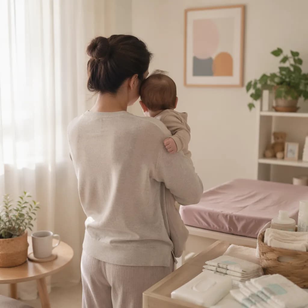 Parent holding a baby in a calm, softly lit nursery during a morning routine.